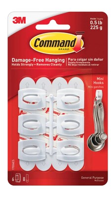 Command Mini Hooks, 0.5 lb., White, 6/Pack (17006ES)