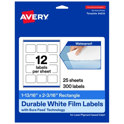 Avery Laser/Inkjet Rectangle Waterproof Multipurpose Labels, 2.1875  x 1.8125, White, 300/Pack (94233)