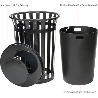 Global Industrial Outdoor Slatted Steel Trash Can w/ Rain Bonnet Lid, 36 Gallon, Black (260804BK)