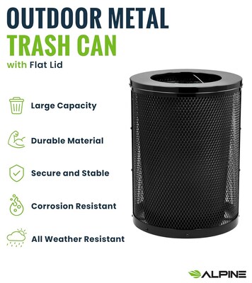 Alpine Industries 4460 Steel Mesh Outdoor Trash Can with Flat Lid, 36 Gallon, Black (ALP4460-01-A)
