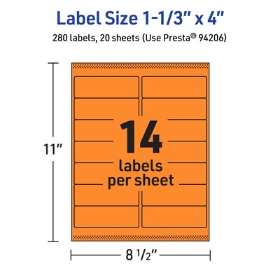 Avery Rectangle Multipurpose Labels, 1-1/3" x 4", Bright Orange, 280/Pack (94206)