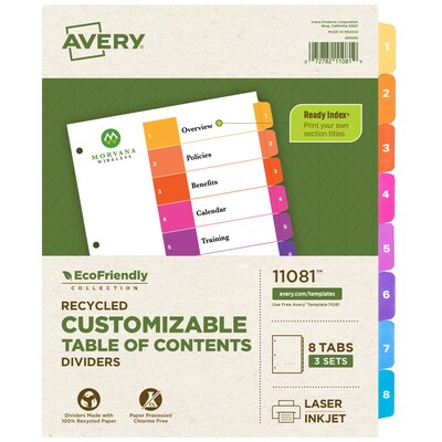Avery Ready Index Table of Contents EcoFriendly Paper Dividers, 1-8 Tabs, Multicolor, 3 Sets/Pack (11081)