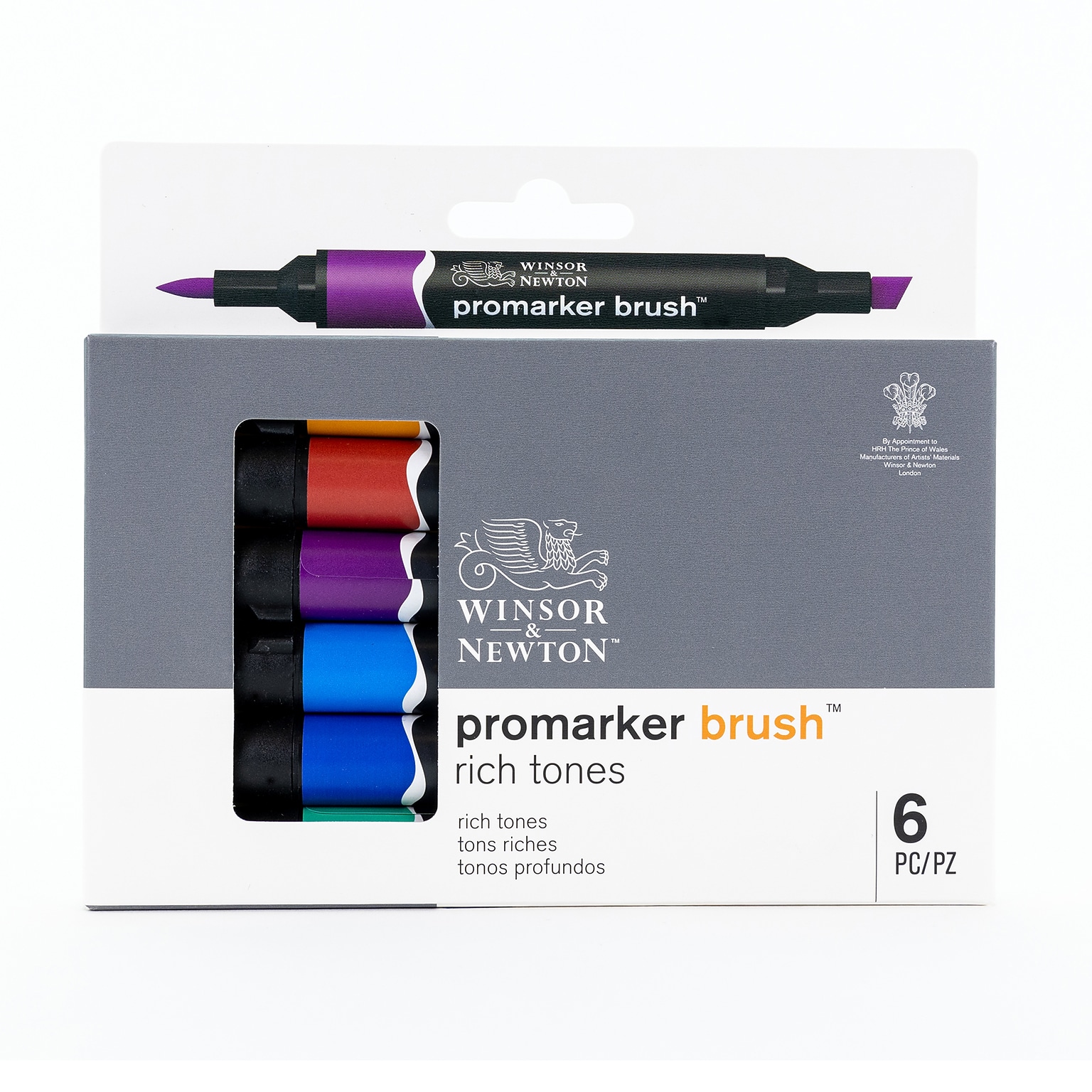 Winsor & Newton Promarker Dual-Tip Brush Alcohol Based Marker, Rich Tones, 6/Pack (WNX0290126)