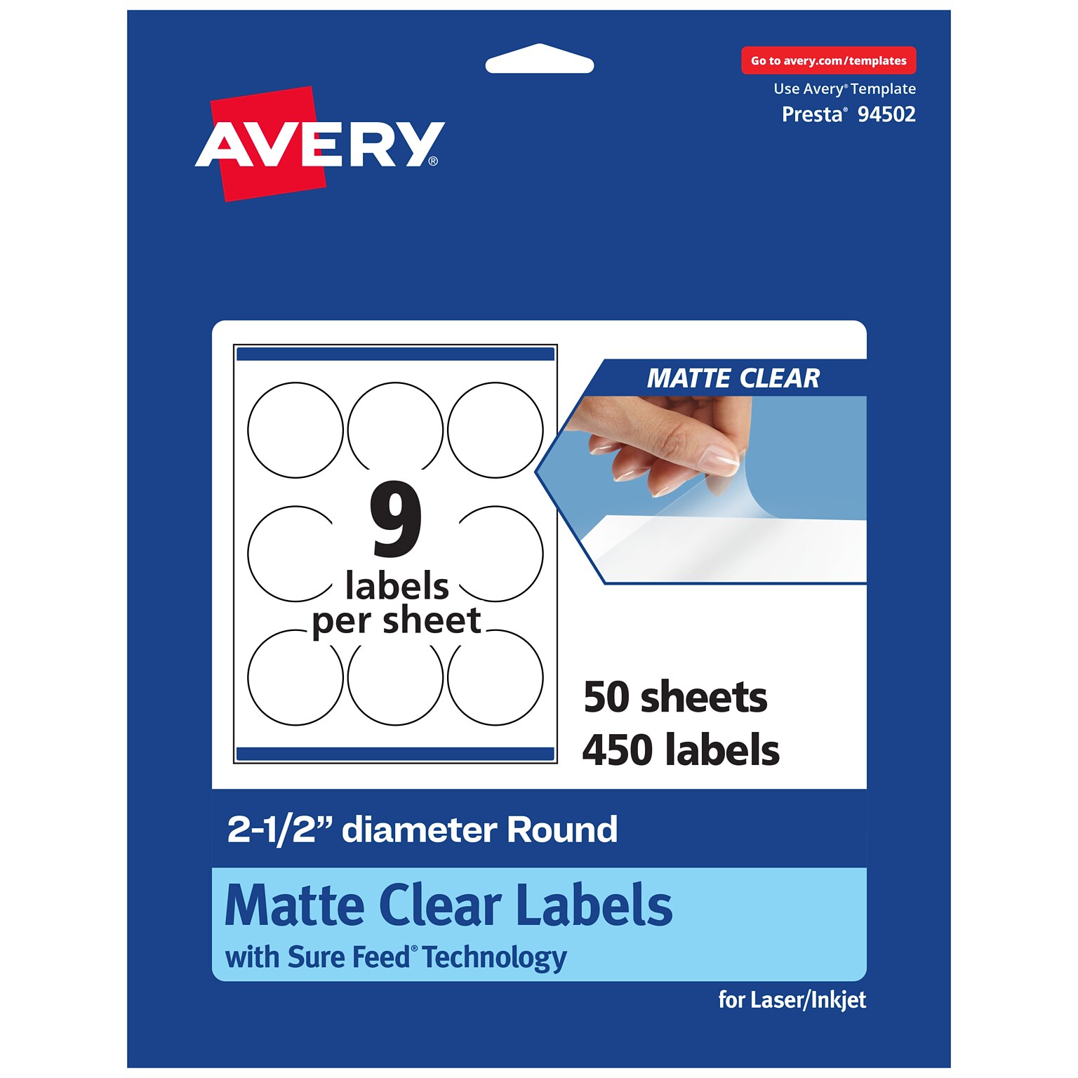 Avery Laser/Inkjet Circle Multipurpose Labels, 2-1/2 Dia., Clear, 450/Box (94502)