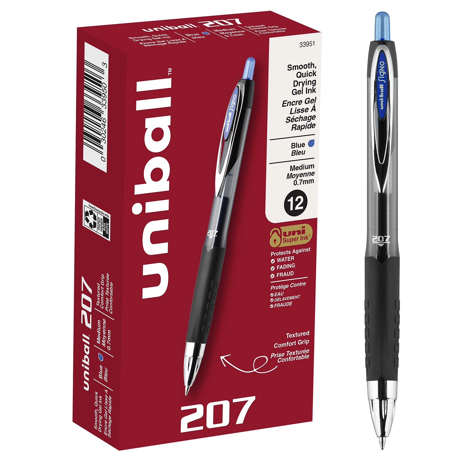 uni-ball 207 Retractable Gel Pens, Medium Point, 0.7mm, Blue Ink, Dozen (33951)