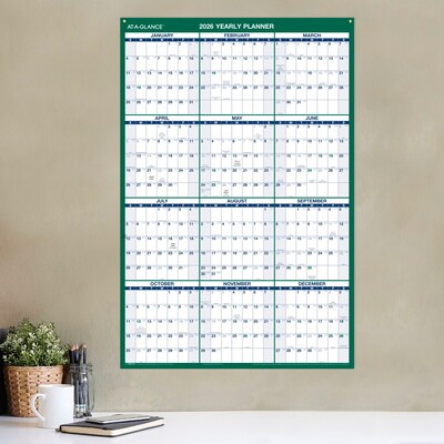 2026 AT-A-GLANCE 24" x 36" Yearly Dry Erase Wall Calendar, Reversible, White/Green (PM210-28-26)