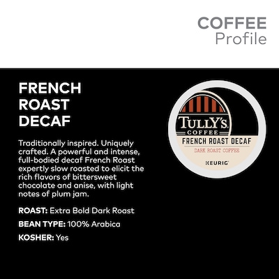 Tully's French Roast Decaf Coffee Keurig® K-Cup® Pods, Dark Roast, 96/Carton (700282)
