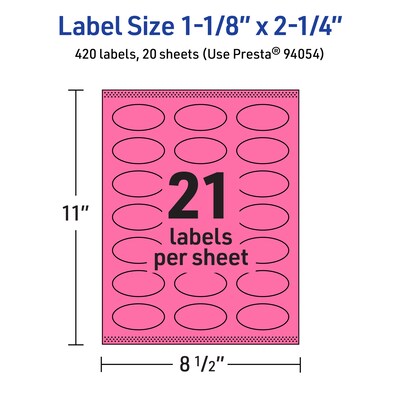 Avery Oval Laser/Inkjet Multipurpose Labels, 1-1/8" x 2-1/4", Bright Pink (420/Pack)