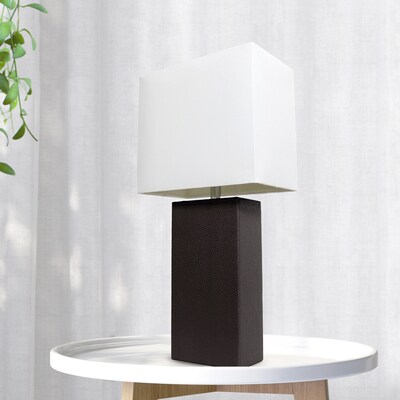 Lalia Home Lexington 21" Leather Base Modern Home Décor Bedside Table Lamp, White Rectangular Fabric Shade, Black (LHT-3008-BK)