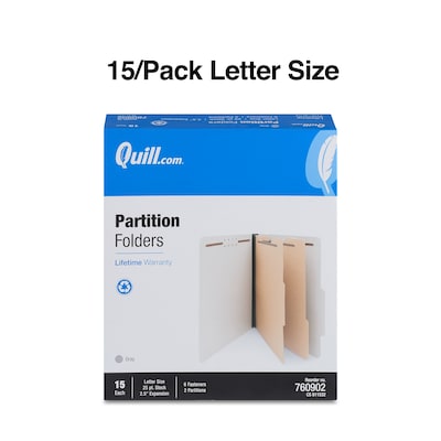 Quill Brand® Recycled Pressboard Classification Folders, 2-Partitions, 6-Fasteners, Letter, Gray, 15/Box (761902)