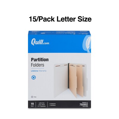 Quill Brand® Recycled Pressboard Classification Folders, 2-Partitions, 6-Fasteners, Letter, Gray, 15/Box (761902)