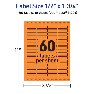 Avery Laser/Inkjet Multipurpose Rectangle Labels, 0.5" x 1.75", Bright Orange, 4800/Box (94204)