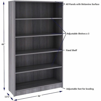 Lorell 60" 5-Shelf Bookcase with Adjustable-Shelves, Weathered Charcoal Laminate (LLR69631)