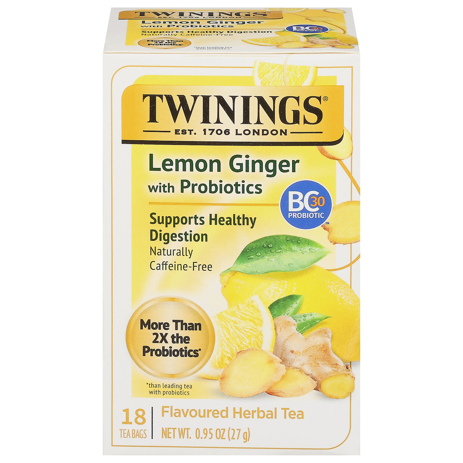 Twinings Probiotics Lemon and Ginger Herbal Tea Bags, 18/Box (F16483)