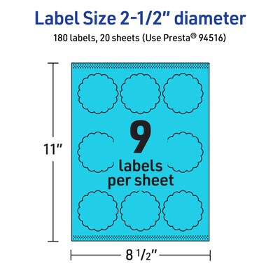 Avery Printable Decorative Edge Multipurpose Labels, 2.5" Dia., Bright Blue, 180/Pack (94516)