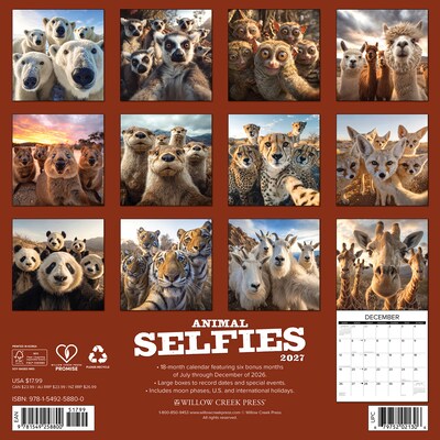 2027 Willow Creek Animal Selfies 12 x 12 Monthly Wall Calendar, Assorted Colors (58800)