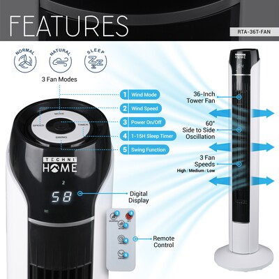 Techni Home Oscillating Tower Fan, 3 Speed, White/Black (RTA-36T-FAN)
