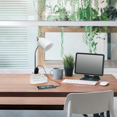 Simple Designs Gooseneck Organizer LED Desk Lamp, 18.50", with iPad Tablet Stand and Charging Outlet, White (LD1057-WHT)