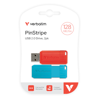 Verbatim PinStripe 128GB USB 2.0 Type A Flash Drive, Red and Blue, 2/Pack (70391)