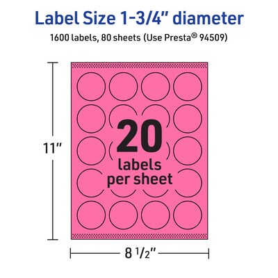 Avery Laser/Inkjet Round Multipurpose Labels, 1.75" Dia., Bright Pink, 1600/Box (94509)