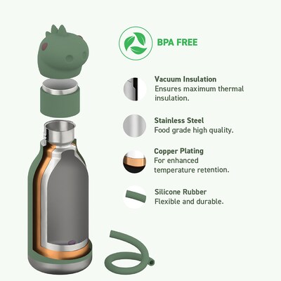 ASOBU Bestie Bottle Dinosaur Vacuum Insulated Stainless Steel Water Bottle with Reusable Flexi Straw, 16 oz., Green (SBV44DI)