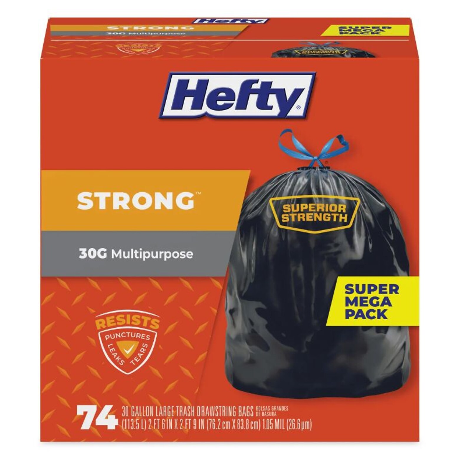 Hefty 30 Gallon Trash Bag, 30 x 33, Low Density, 1.1 mil, Black, 74 Bags/Box (PCTE85274)