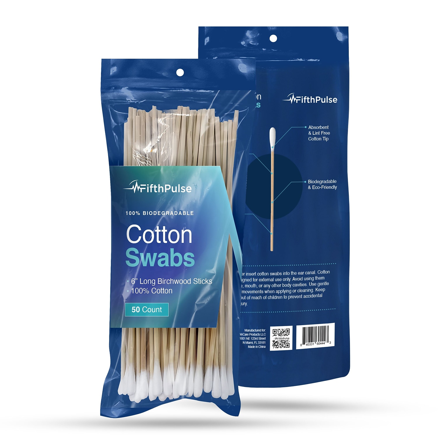FifthPulse 100% Natural Eco-friendly 6 Cotton Swabs Sticks Made With Birch Wood - Non Sterile Cotton Tip, 50 Pack (FMN100681)