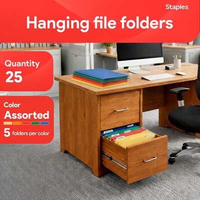 Staples Heavy Duty Reinforced Hanging File Folders, 1/5-Cut Tab, Legal Size, Assorted Colors, 25/Box (ST18657-CC)