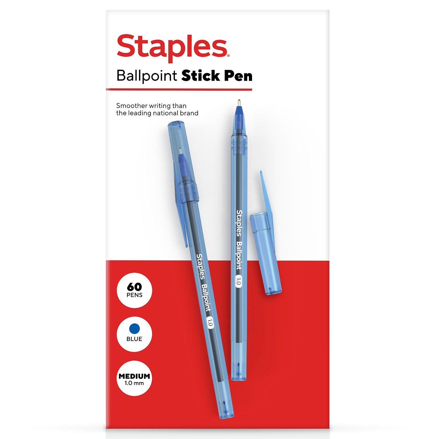 Staples Ballpoint Pen, Medium Point, 1.0mm, Blue Ink, 60/Pack (ST52863	)