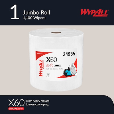 WypAll GeneralClean X60 Nylon Cleaning Wipers, 13.4 x 12.5, White, 1100 Sheets/Roll, 1100 Wipers/Box (34955)