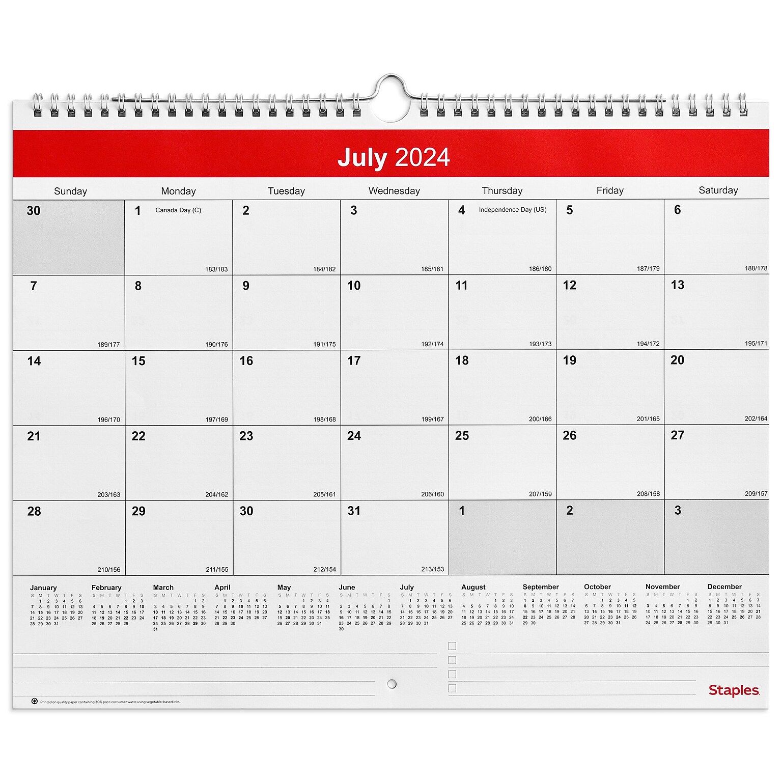 2024-2025 Staples 15 x 12 Academic Monthly Wall Calendar, Red/White  (ST54278-23)