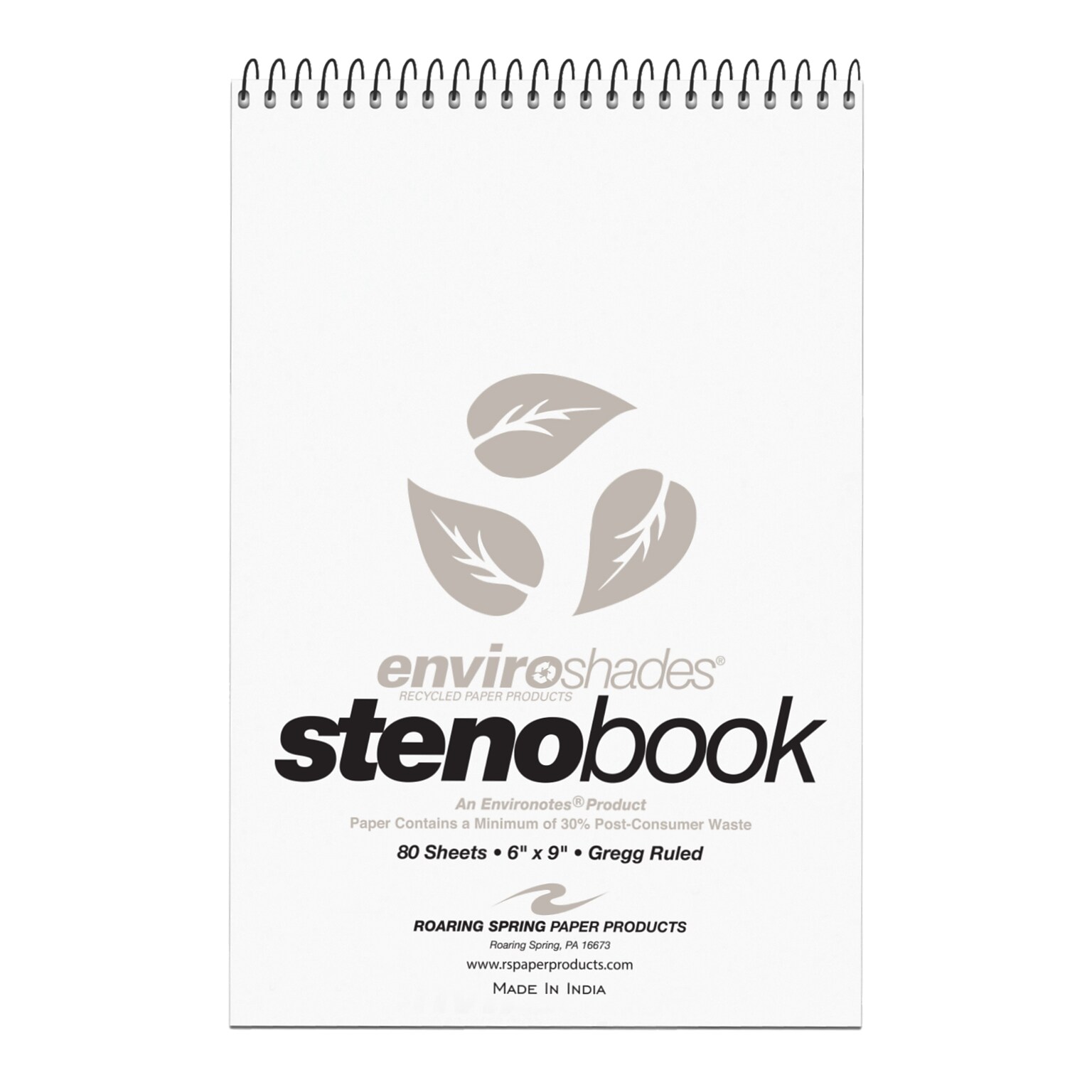 Roaring Spring Paper Products Enviroshades Steno Pad, 6 x 9, Gregg Ruled, Grey, 80 Sheets/Pad, 4 Pads/Pack (12274)