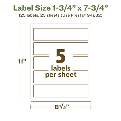 Avery EcoFriendly Laser/Inkjet Rectangle Multipurpose Labels, 1-3/4" x 7-3/4", White, 125/Pack (94232)