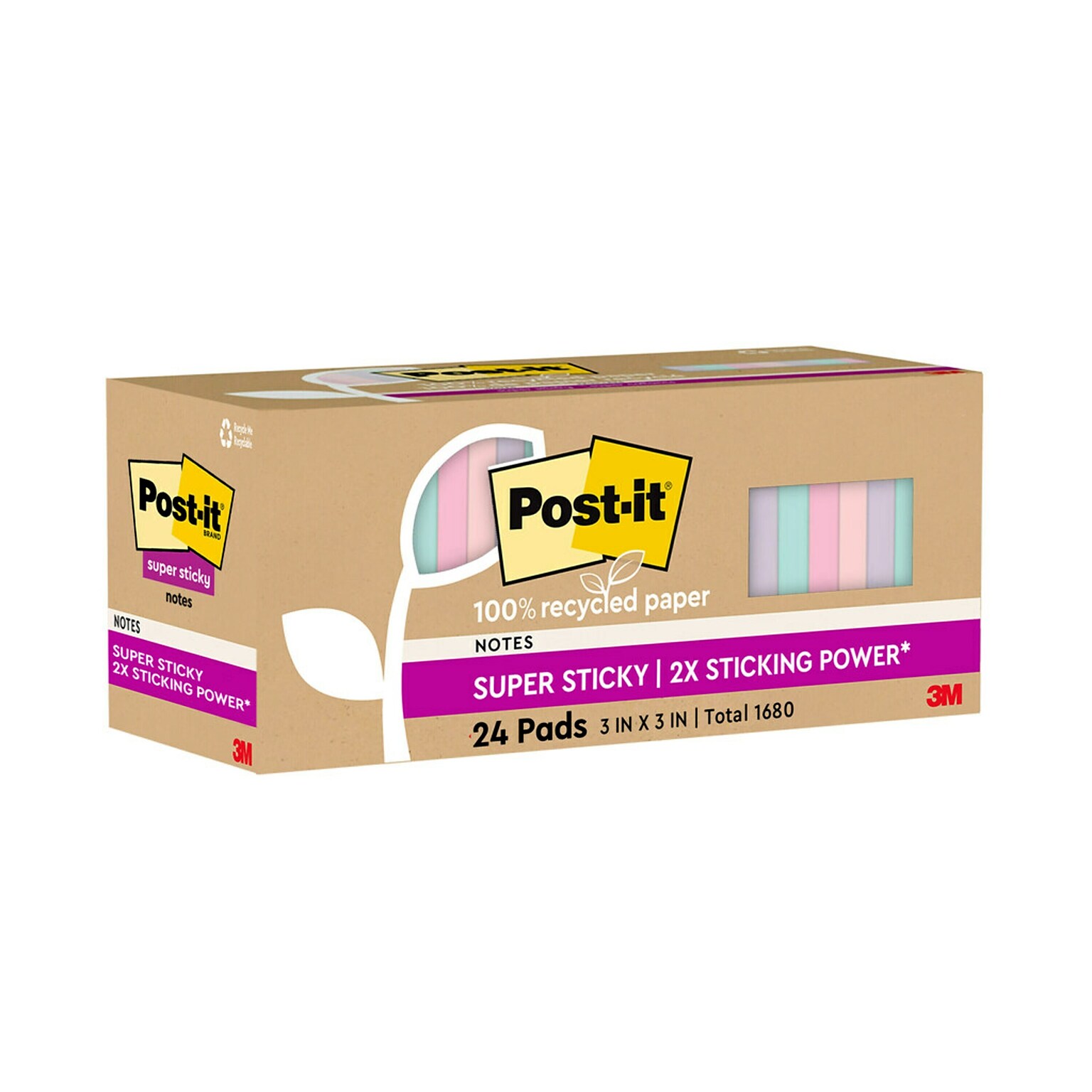 Post-it Recycled Super Sticky Notes, 3 x 3, Wanderlust Pastels Collection, 70 Sheets/Pad, 24 Pads/Pack (654R-24SSNRPCP)