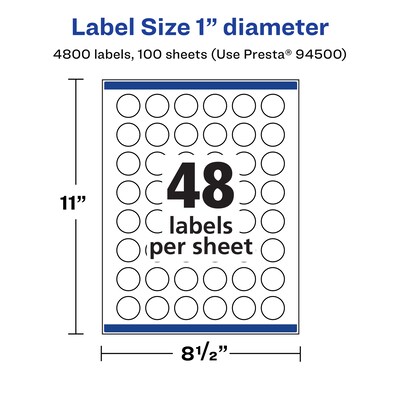 Avery Laser/Inkjet Circle  Waterproof Multipurpose Labels, 1"  Dia, White, 4800/Box (94500)