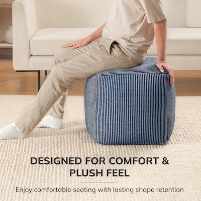 Anji Mountain Madison Ivory Sailor Blue Fabric Square Pouf Ottoman (AMBPF102-1818)