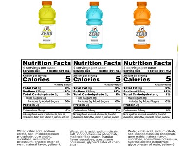 Gatorade Zero Sugar-Free Assorted Flavors Hydration Drink, 20 oz., 12 Bottles/Carton (05887)