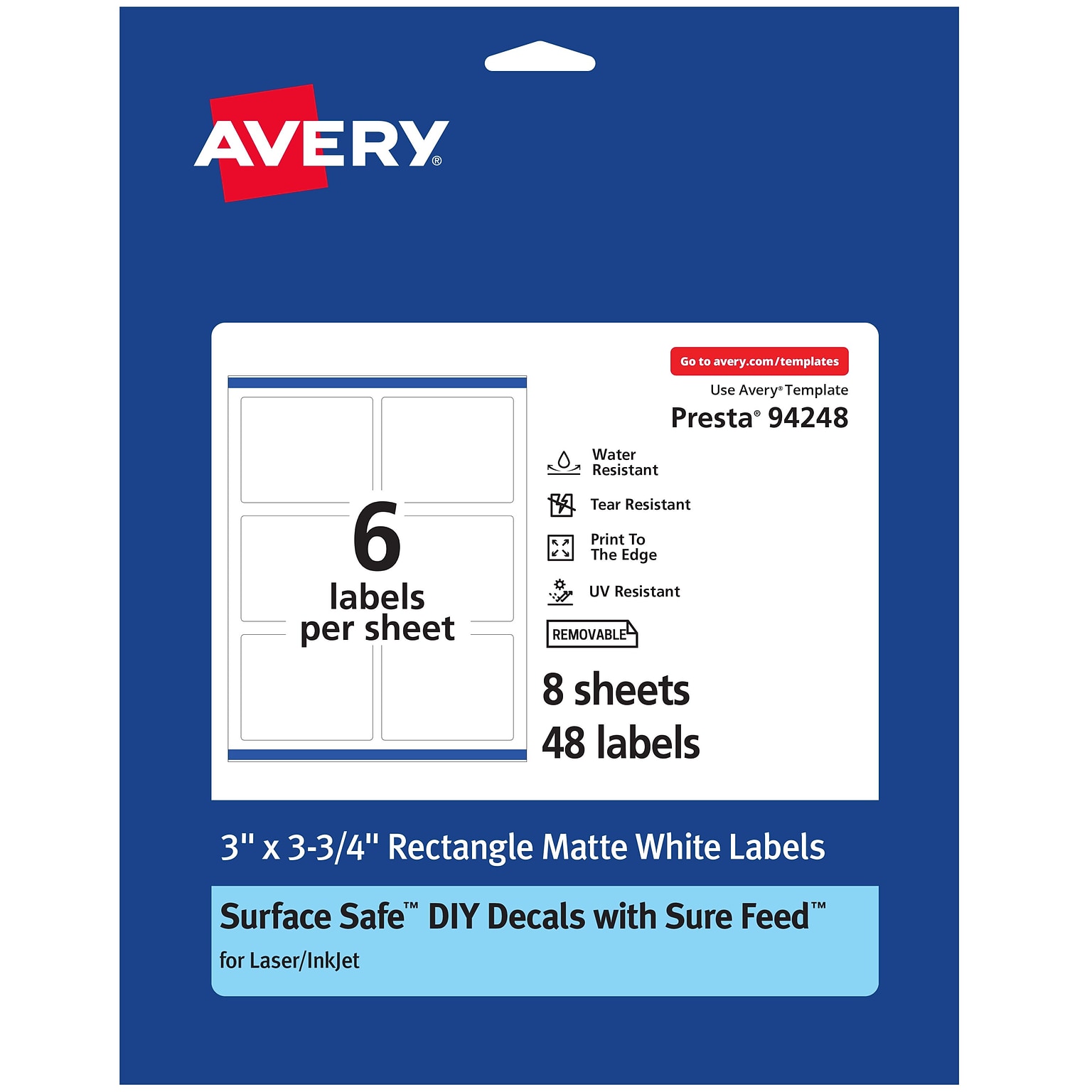 Avery Laser/Inkjet Multipurpose Labels, White, 6 Labels/Sheet, 8 Sheets/Pack (94248-DRF8)