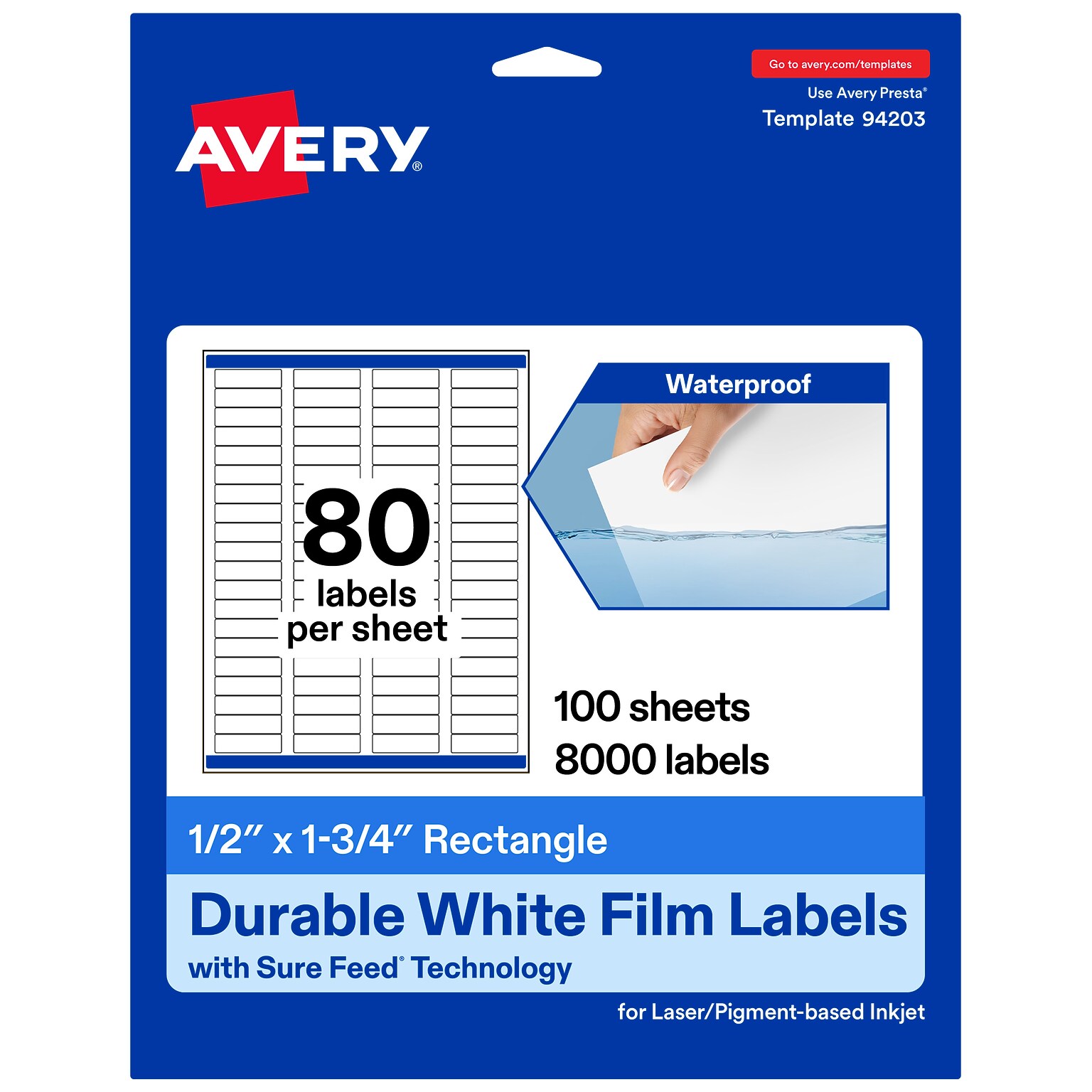 Avery Laser/Inkjet Rectangle Multipurpose Labels, 0.5 x 1.75, White, 8000 Labels/Box (94203)