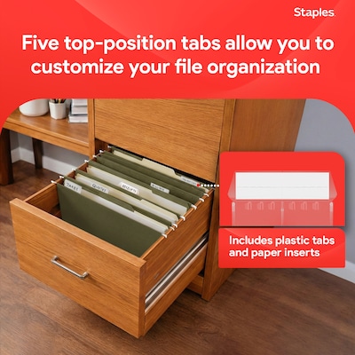Staples Hanging File Folder, 1/5-Cut Tab, Letter Size, Standard Green, 50/Box (ST266262-CC)
