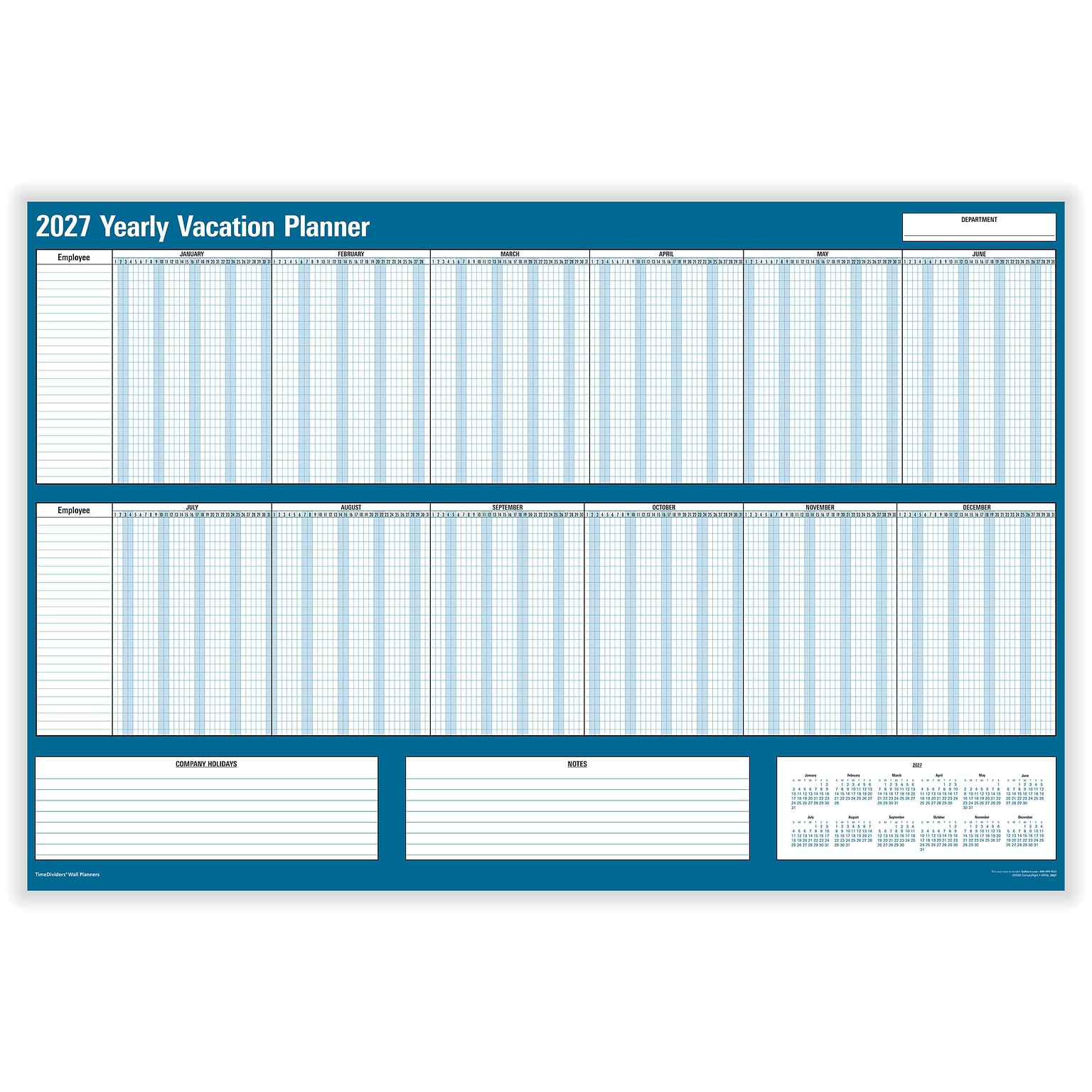 2027 ComplyRight 36 x 24 Yearly Dry Erase Vacation Wall Calendar, Blue/White (J1712)
