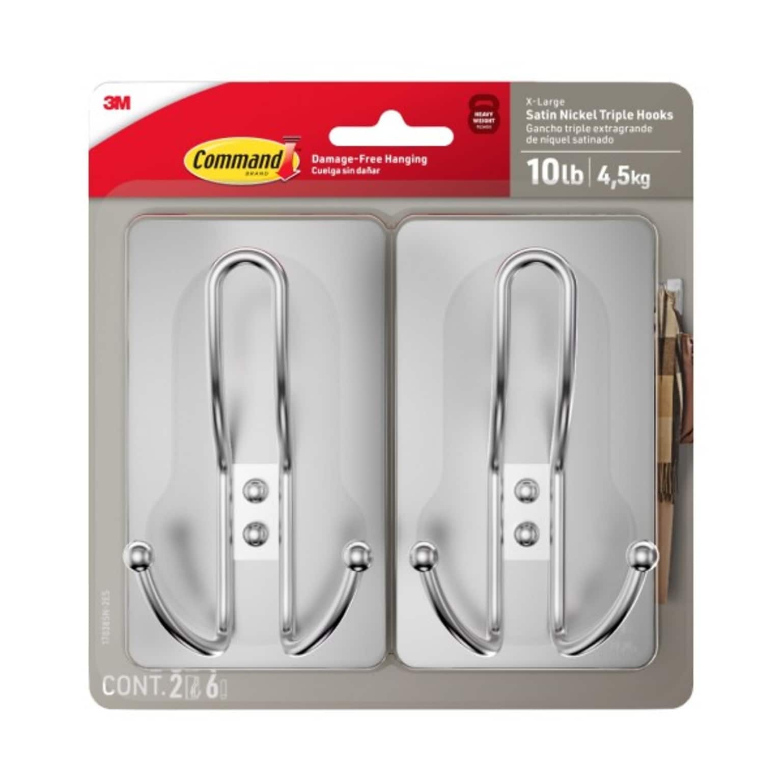 Command Extra Large Hook, 10lb., Satin Nickel, 2/Pack (17038SN-2ES)