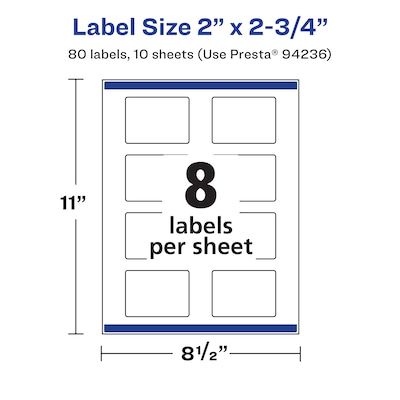 Avery Laser/Inkjet Rectangle Waterproof Multipurpose Labels, 2.75"  x 2", White, 80/Pack (94236)