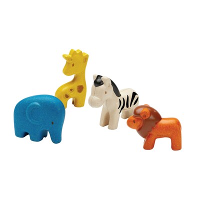 Plan Toys Wooden Wild Animals Playset, Multicolored, 4/Pack (PTS6128)