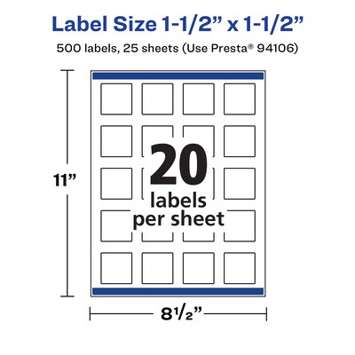 Avery Laser/Inkjet Square Multipurpose Labels, 1.5" x 1.5", White, 500 Labels/Pack (94106)