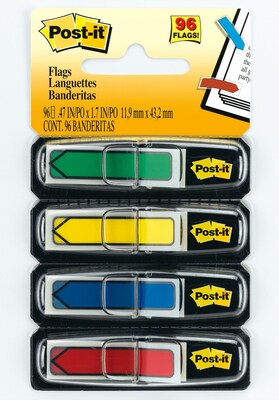 Post-it® Arrow Flags, 0.47" Wide, Assorted Primary Colors, 96 Flags/Pack (684-ARR3)