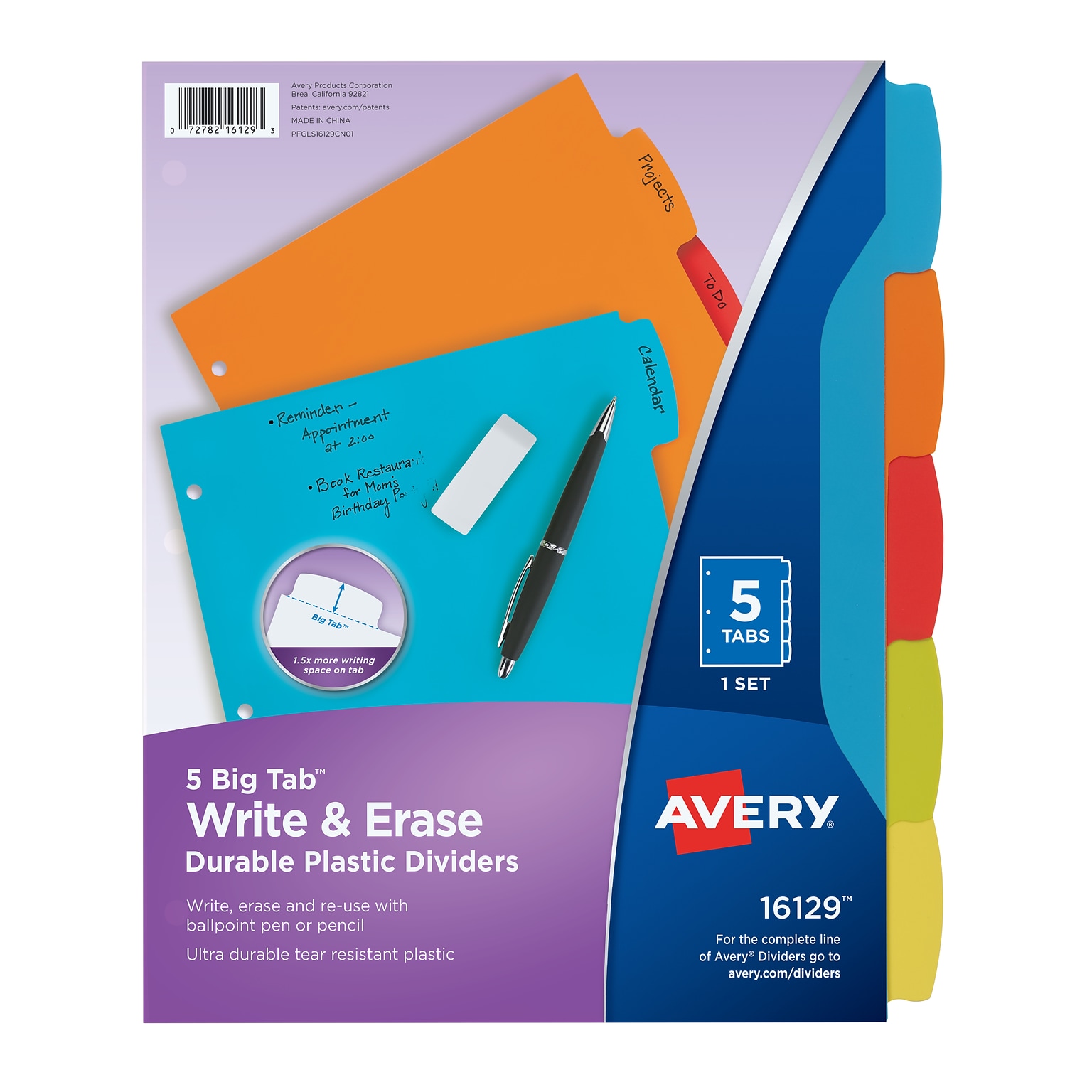 Avery Big Tab Write & Erase Plastic Dividers, 5 Tabs, Bright Multicolor (16129)