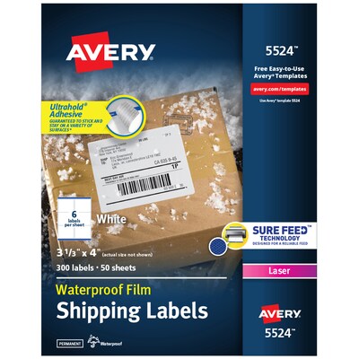 Avery Waterproof Laser Shipping Labels, 3-1/3 x 4, Matte White, 300 Labels/Box (5524)