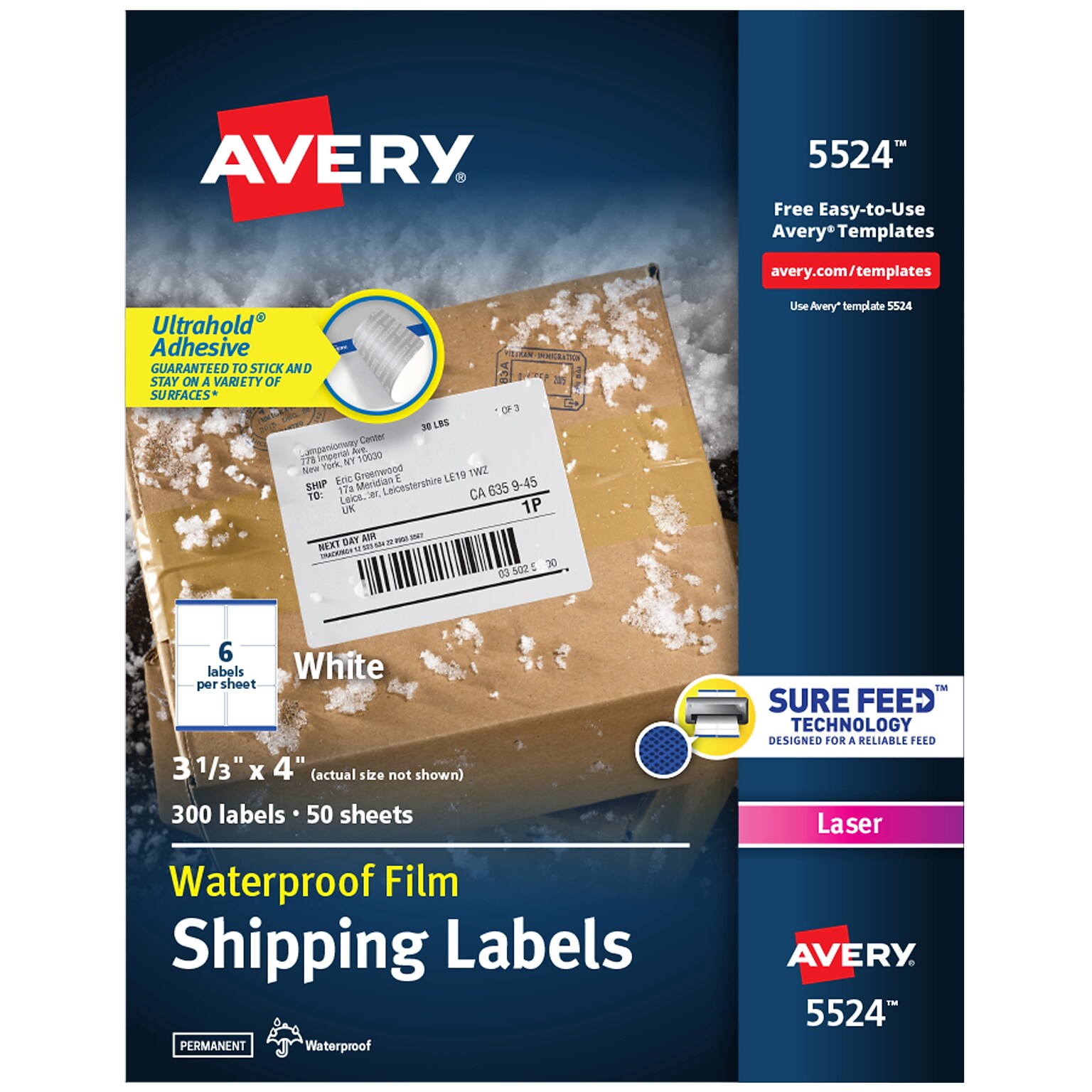 Avery Waterproof Laser Shipping Labels, 3-1/3 x 4, Matte White, 300 Labels/Box (5524)