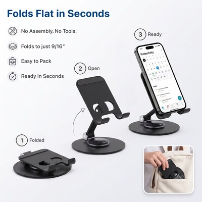 Uncaged Ergonomics Swivel Cell Phone Stand with 360° Rotation and Adjustable Tilt, Foldable Metal Design, Black (SPS-Black)